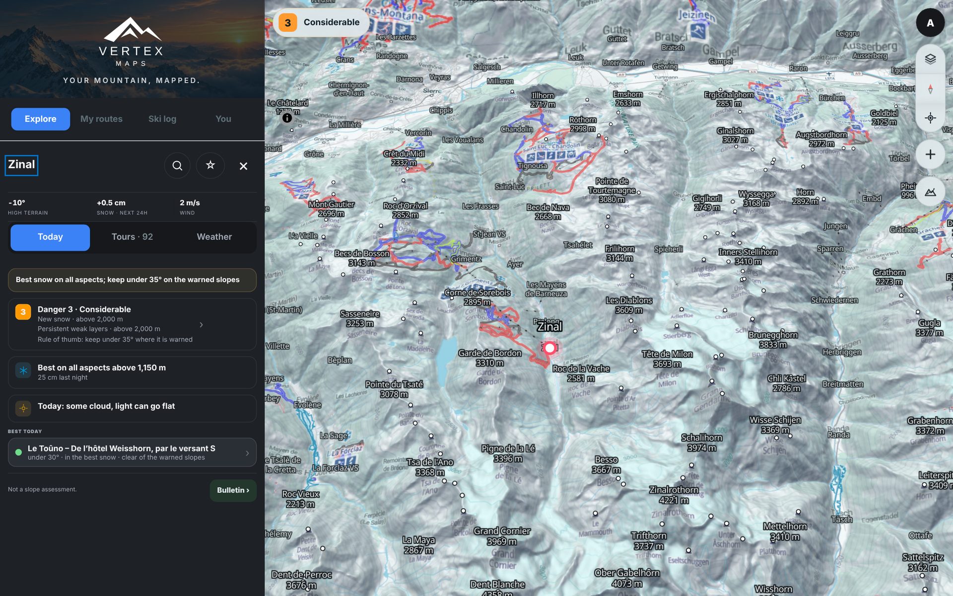 Today's brief for Zinal on desktop: danger 3, 25 cm of new snow last night and the best tour for the day