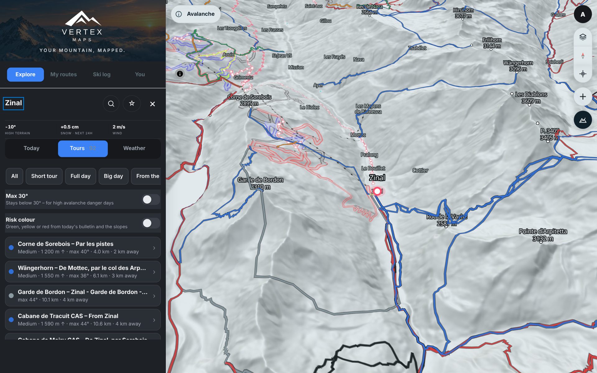 Vertex Maps on desktop: tours around Zinal on the map with the tour list in the side panel