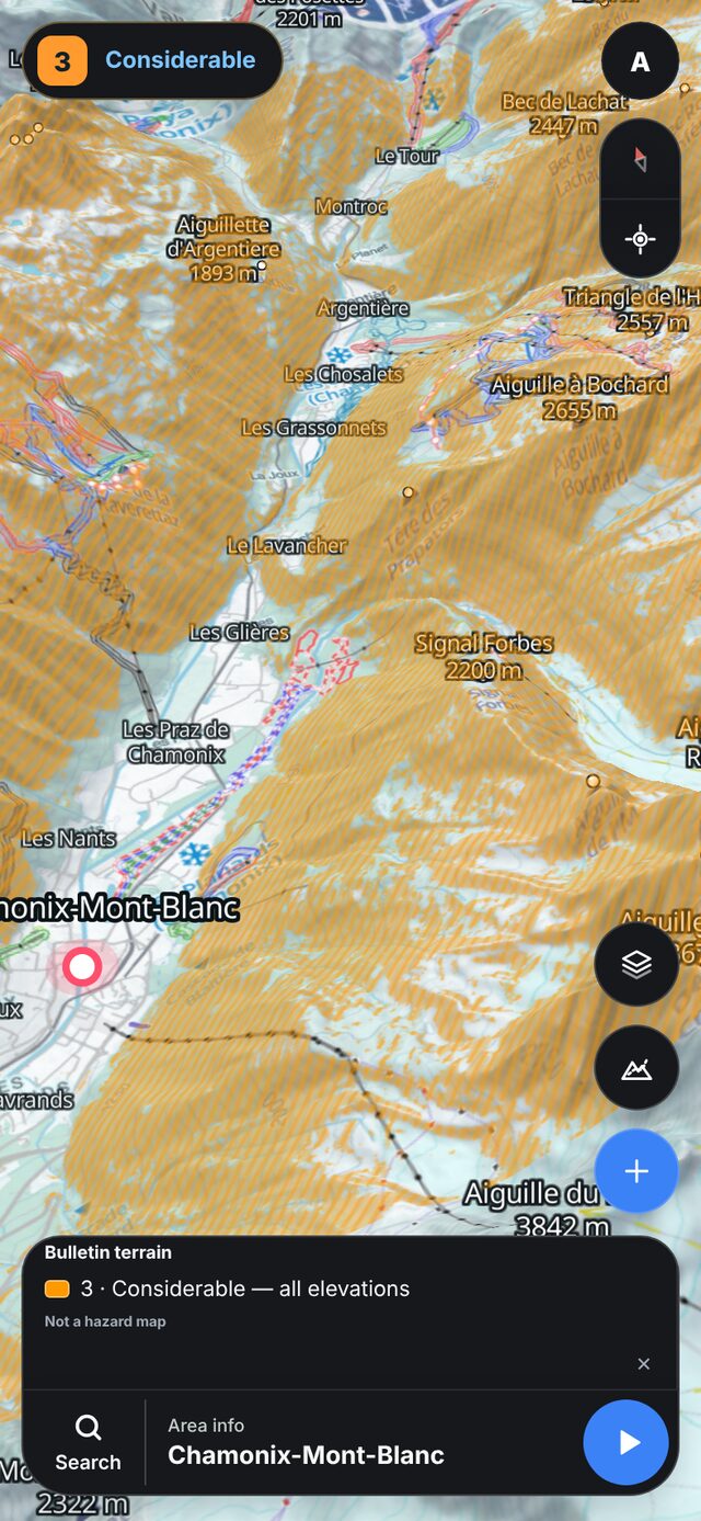 Avalanche danger layer around Chamonix: slopes over 30 degrees hatched orange for danger 3
