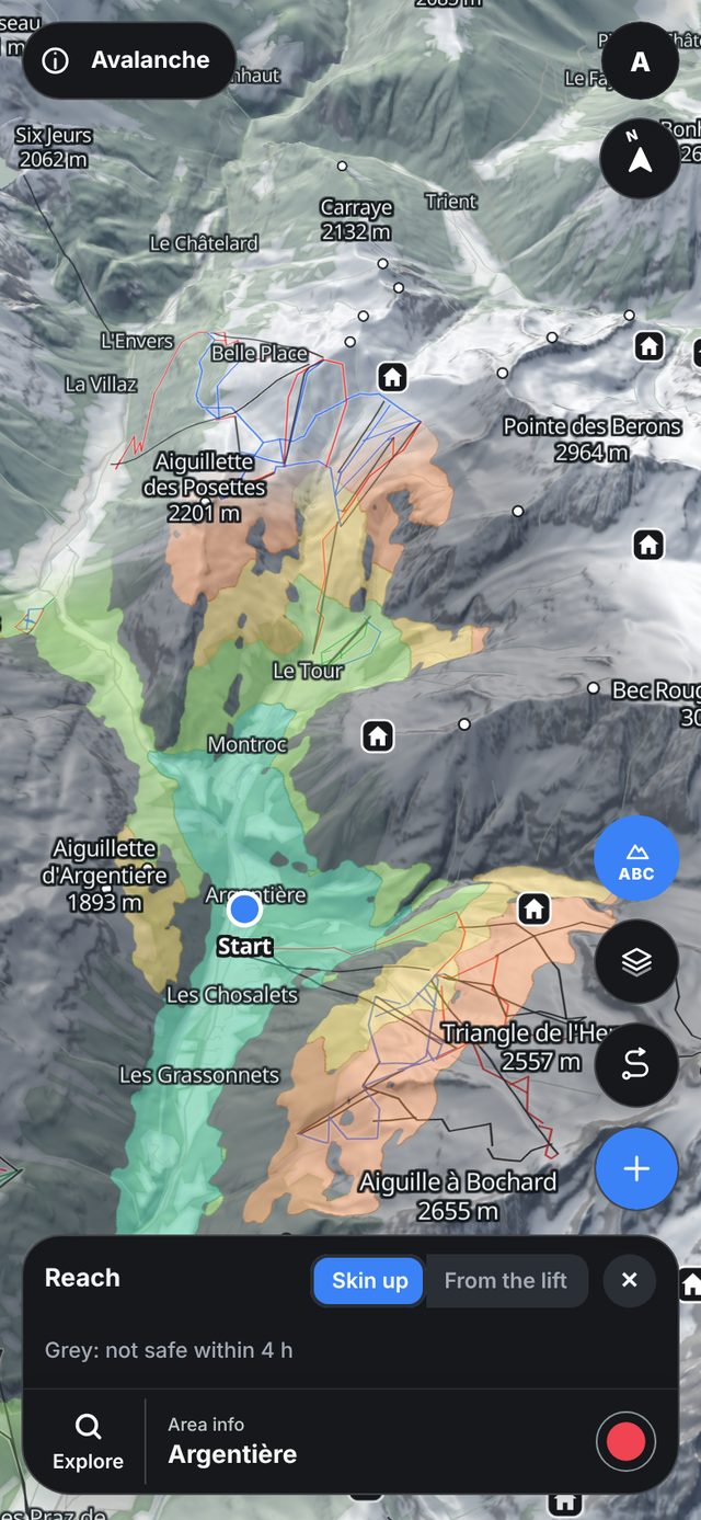 Reach layer from Argentière: how far you can skin in one to four hours, grey where it isn't safe today