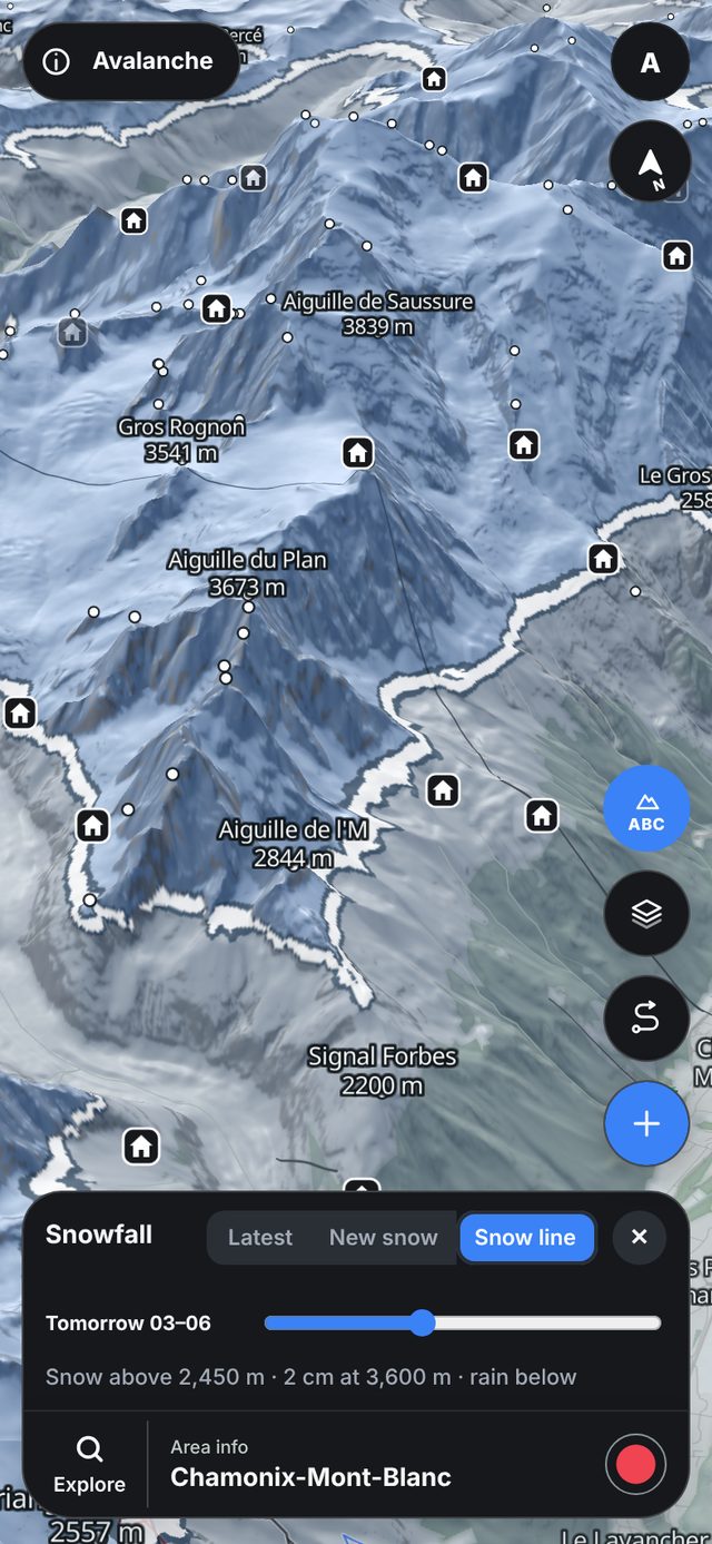 Snow line layer over the Mont Blanc massif: a white line where precipitation turns from rain to snow