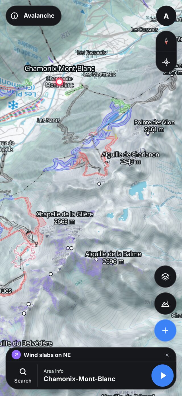 Wind slabs layer above Chamonix: north-east facing slopes coloured purple