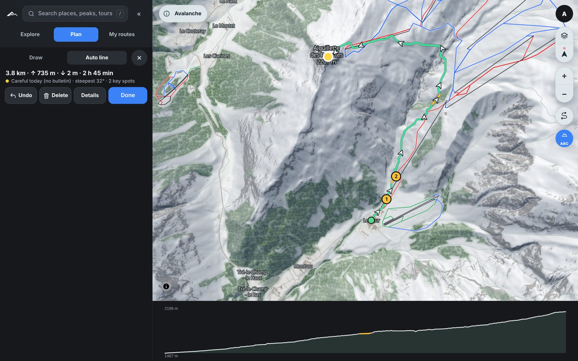 Auto line on desktop from Le Tour to the Aiguillette des Posettes: 3.8 km, 735 m climb, 2 h 45 min, with the elevation profile under the map