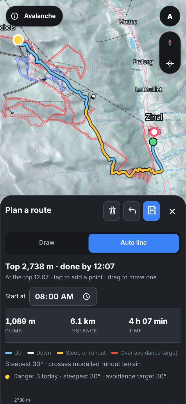 Auto line drawn from Zinal to Corne de Sorebois with climb, descent and time