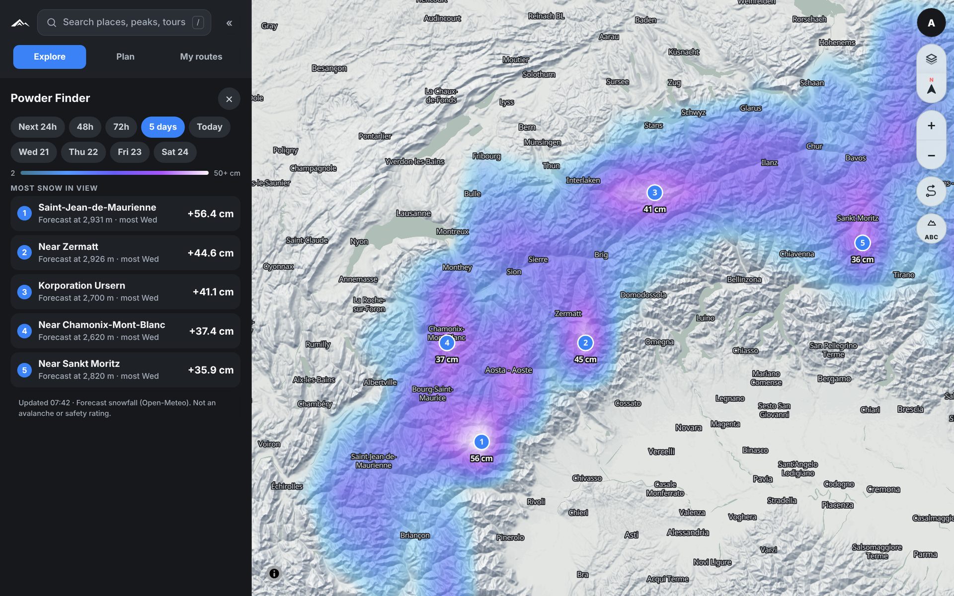 Powder Finder over the Alps: up to 56 cm forecast in five days near Saint-Jean-de-Maurienne, 45 cm near Zermatt and 37 cm near Chamonix