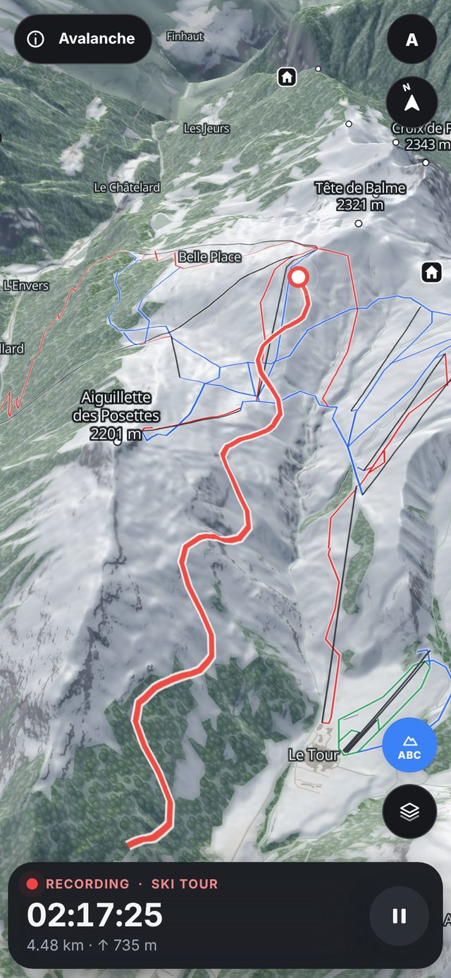 Recording a ski tour above Le Tour: the track drawn on the map with time, distance and climb