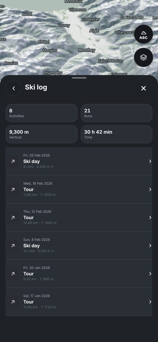 Ski log with the season's ski days and tours, totals for climb and descent