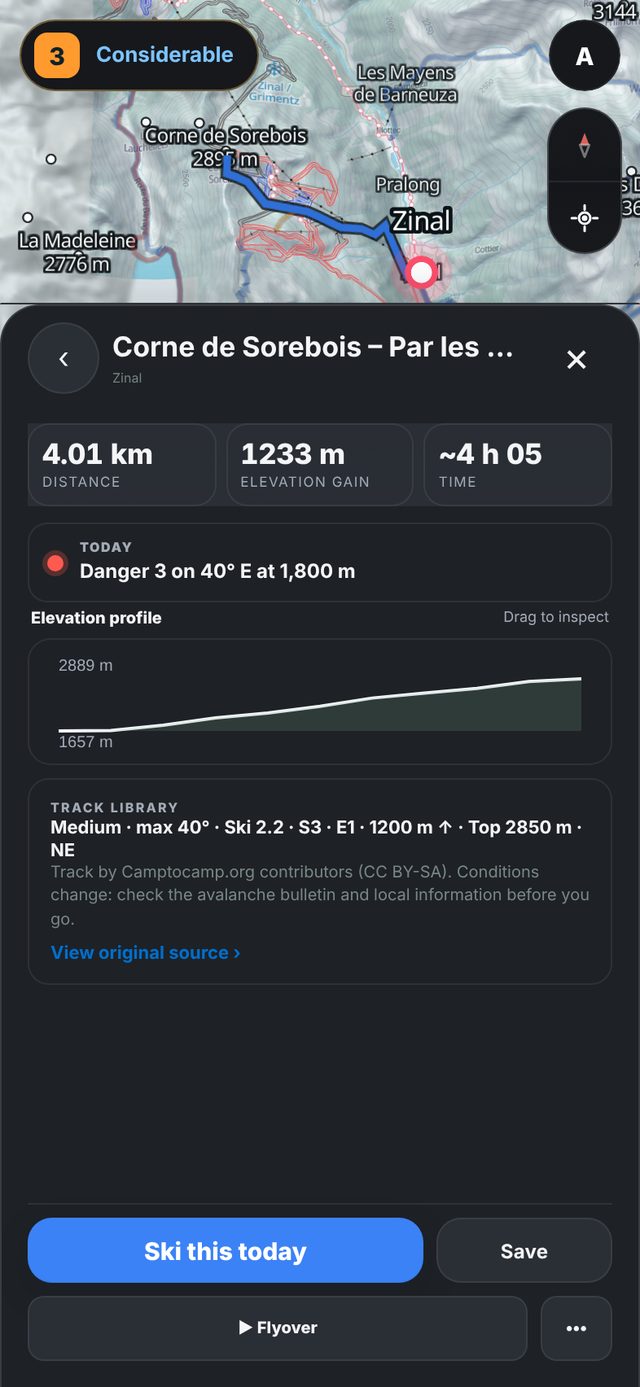 A tour card with distance, climb, time and elevation profile