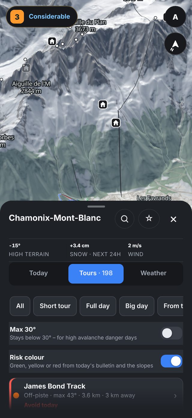 The Tours tab around Chamonix with Risk colour on: each tour marked fits, careful or avoid for today's bulletin